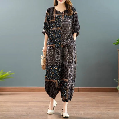 New Summer Floral Print Midi Sleeve Cotton Linen Loose Women's Two-Piece Set Ethnic Style Mom Clothes Comfortable Breathable