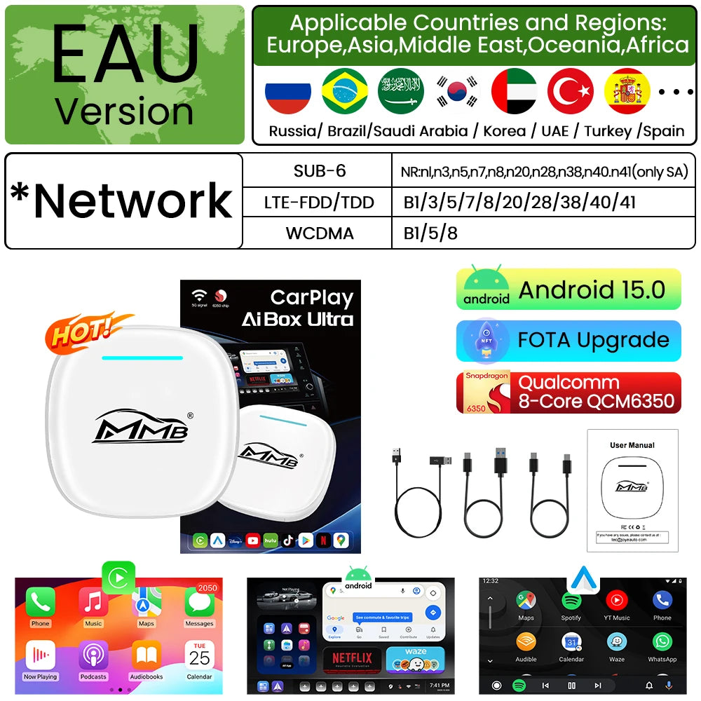 3 in 1 Android15 Wireless Car Carplay Wireless Android Auto MMB MAX Smart Box QCM6350 8-Core GPS WiFi 4G SIM AI Box For Youtube