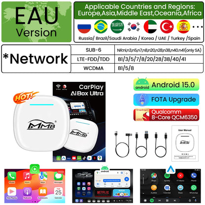 3 in 1 Android15 Wireless Car Carplay Wireless Android Auto MMB MAX Smart Box QCM6350 8-Core GPS WiFi 4G SIM AI Box For Youtube