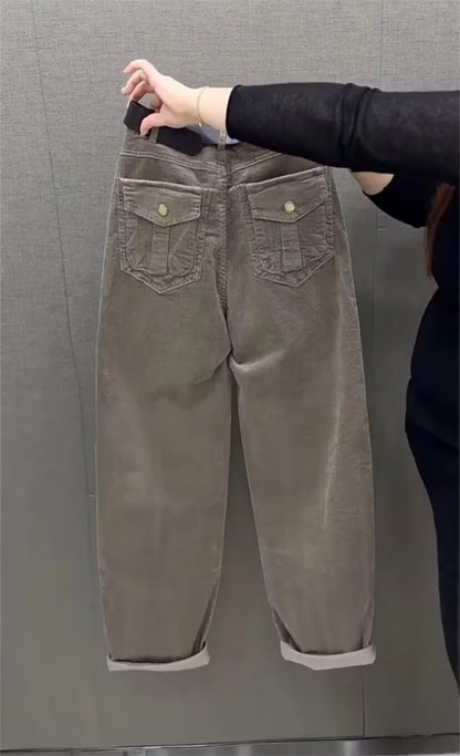 High Waist Cotton Corduroy Harlan Pants Slim Fit Casual Nine Point Knife  Straight Leg Crop Leisure Long Trousers