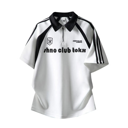 Sporty Unisex Polo T-Shirt, Black White Contrast with Stripes & Logo Print, Loose Summer Streetwear