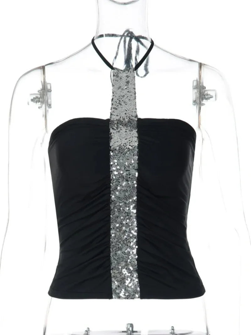Women Sexy Halter Neck Lace-up Backless Camisoles Y2K Streetwear 2026 Summer Sequins Patchwork Folds Crop Tops Girls Slim Corset