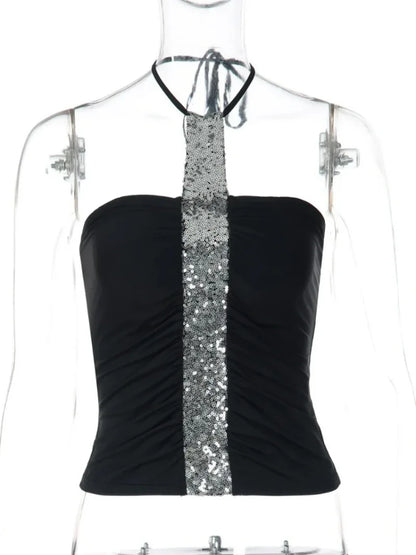 Women Sexy Halter Neck Lace-up Backless Camisoles Y2K Streetwear 2026 Summer Sequins Patchwork Folds Crop Tops Girls Slim Corset