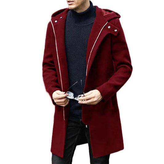 Autumn Winter Men's Woolen Coat Casual Fashion Hooded Zipper Coats Mid-length Men's Lining Clothing