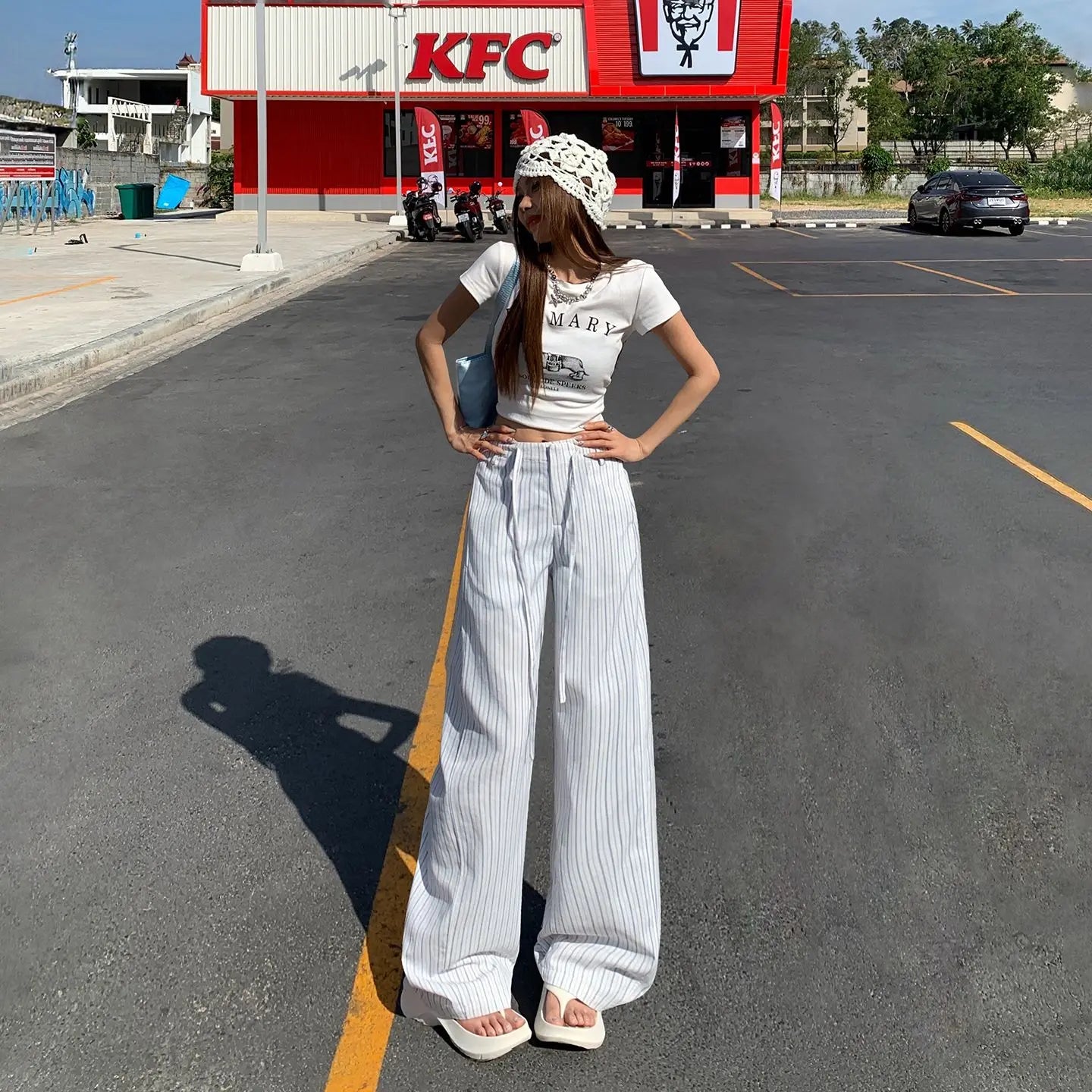 High-waist loose wide-leg pants, spring and summer new drawstring vertical striped versatile straight-leg casual pants for women