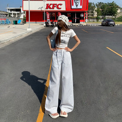 High-waist loose wide-leg pants, spring and summer new drawstring vertical striped versatile straight-leg casual pants for women