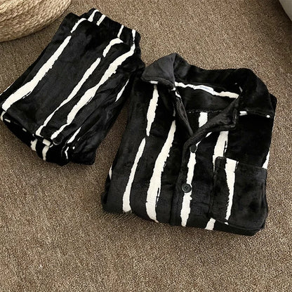 Men's Coral Fce Pajamas Set Thiened Warm Loose Striped Home Clothes Comfortable Breathable All Seasons Spwear