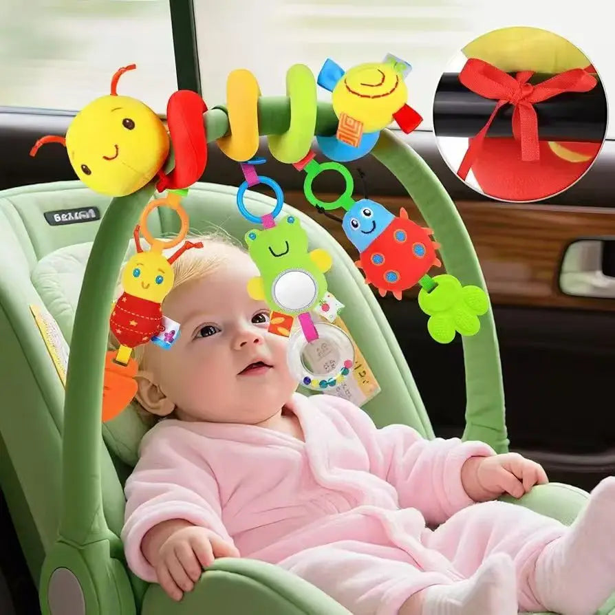 Baby Spiral Stroller Hanging Toy,Soft Plush Animal Rattle with detachable Teether&Mirror,Infant Car Seat Sensory Activity Toy