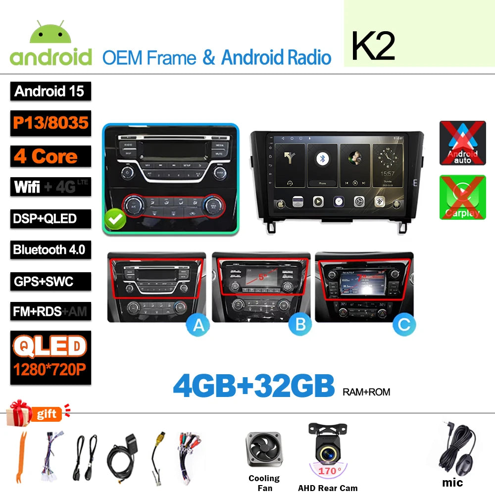 Car Radio For Nissan X-Trail Qashqai 2 J1T32 Qashqai J10 J11 2014 2015 2016 2017 2018 2019  Wireless WIFI GPS Carplay Auto DVD