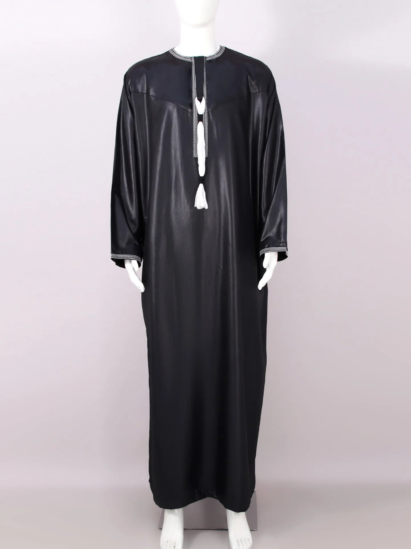Large Loose Muslim Men's Round Neck Embroidered Robe Comfortable And Breathable Solid Color Long Style