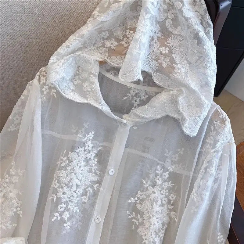 Elegant Thin Lace Hat Shirt Women's Loose Fit Summer 2025 plus Size Slimming Korean Style Long Sleeve Button up
