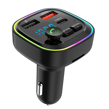 Car Bluetooth FM Transmitter Audio Adapter With RGB Ring Light Dual USB QC3.0 And Type-C Fast Charger Hands-Free MP3 Player