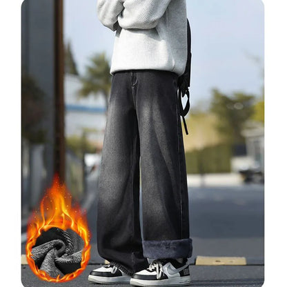 Hot Sale Men Snow Warm Plush Fleece Jeans Male Classic Loose Straight Leg Denim Pants Fashion Versatile Thickened Warm Trousers