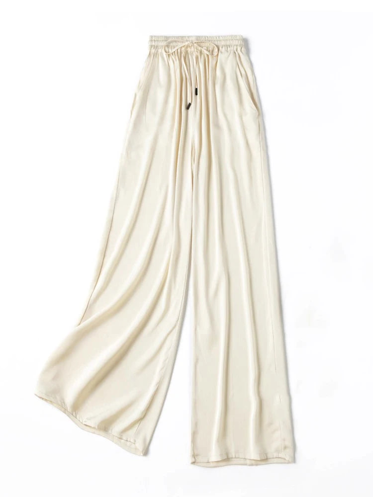 Vertical Naked Feeling 93% Natural Mulberry Silk Elastic Double Qiao Satin Elastic Waist Women's Fashionable Wide Leg Pants