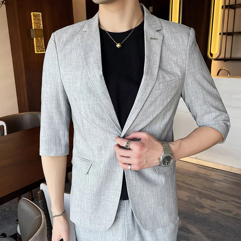 Men's Summer New Slim Fit 3/4 Sleeve Blazer Set Thin Seven-Point Sleeve Suit Outfit Casual Business Two-Piece Set