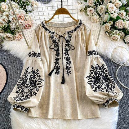 Bohemian Vacation Style Women's Shirt round Neck Lantern Sleeve Embroidery Heavy Work Autumn Design Sense Knot Design Top