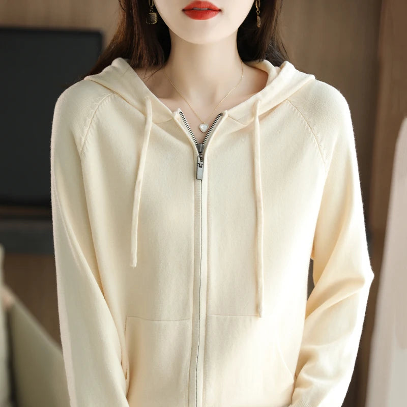 Explosions Women's Hooded Padded Long-Sleeved Sweater Cardigan Sweater Coat Beige Loose Zipper Coat Jacket