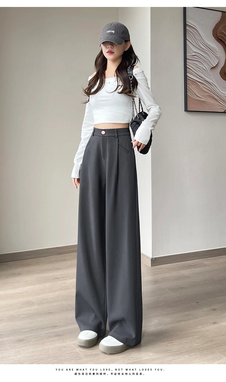 Seoulish Autumn Elegant Women's Wide Leg Pants 2024 New Korean Solid Button Casual Loose Office Full Length Trousers Female