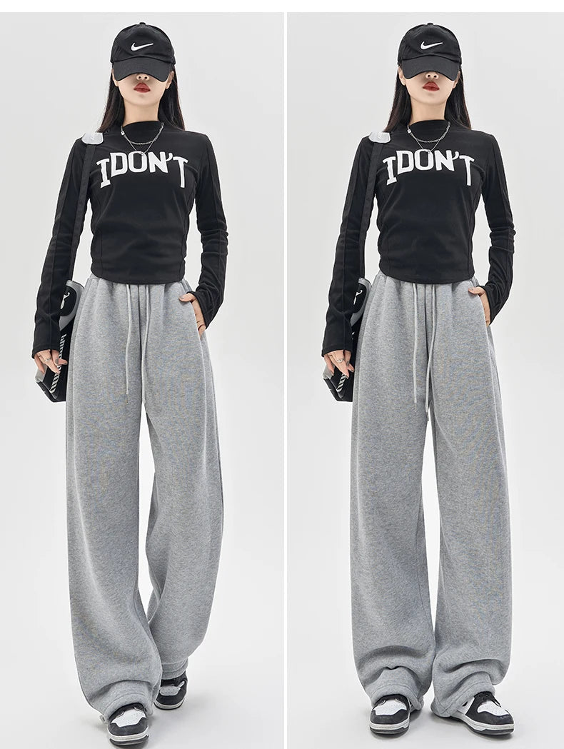 Gray Lamb Velvet Sport Pants Women's High Waist Drapey Fleece Wide Leg Casual Small Size Thickened Cotton Pants