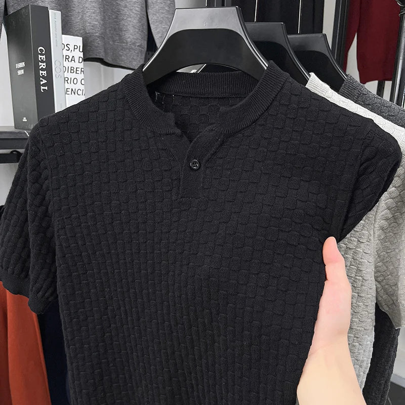Textured Twisted Stripe Lightly Mature Henry Collar Knitted Short-sleeve T-shirt Men's Top 2026 Summer Casual T-shirt for Men