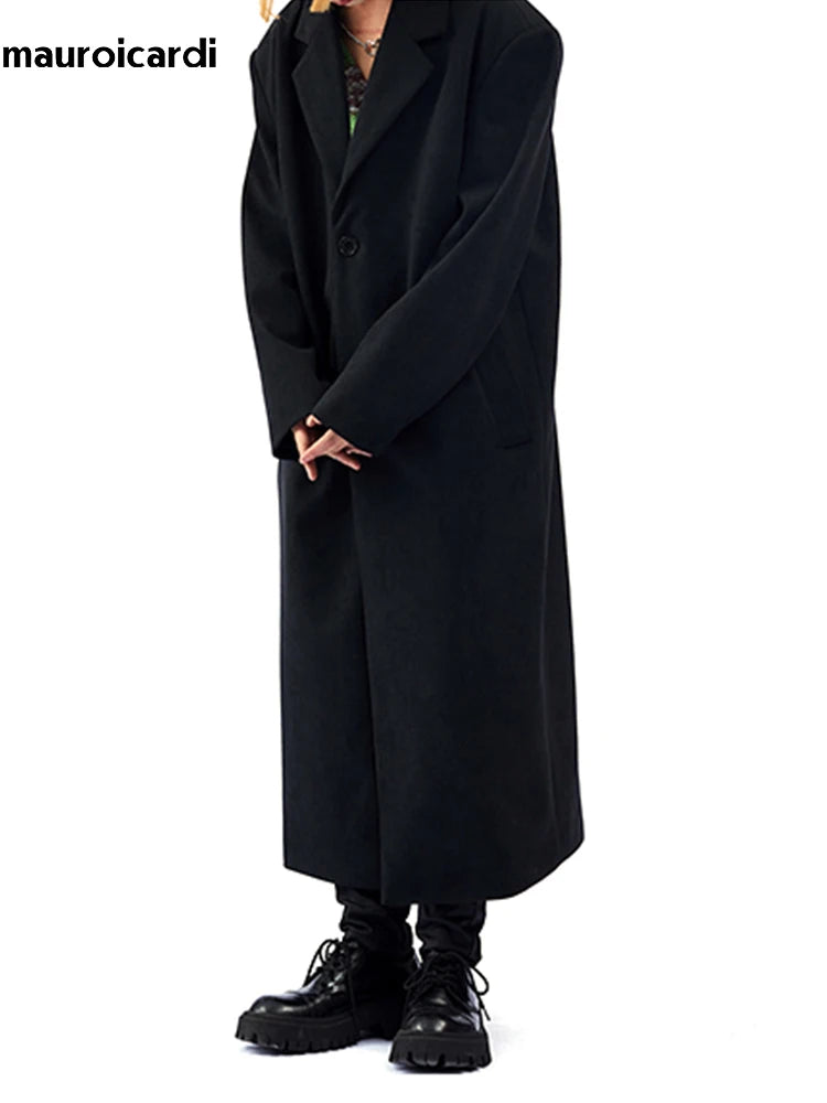 Mauroicardi Autumn Winter Long Oversized Black Woolen Trench Coat Men Shoulder Pads Single Breasted Luxury Cocoon Overcoat 2022