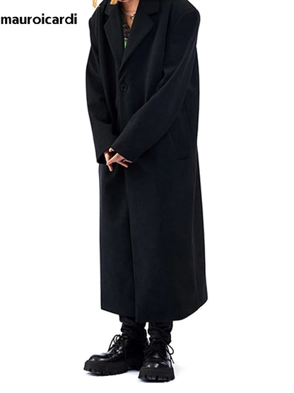 Mauroicardi Autumn Winter Long Oversized Black Woolen Trench Coat Men Shoulder Pads Single Breasted Luxury Cocoon Overcoat 2022