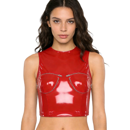Womens Shiny PU Leather Front Zipper Crop Top Wet Look Crew Neck Sleeveless Back Zipper Slim Fit Tank Top Rave Party Blouse