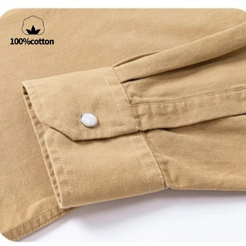 100% Cotton Workwear Shirt Jacket, Korean Snap Button Design, Enzyme Wash Vintage, Khaki Black Grey Beige S-4XL