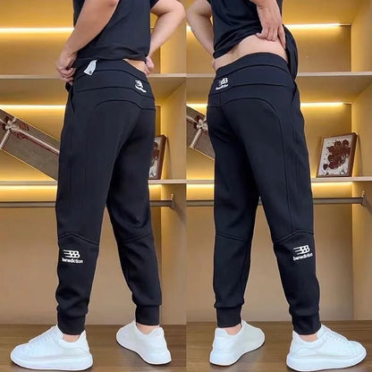 Men's Casual Trousers Autumn Winter Embroidered Fleece Lined Cuffed Thickened Sweatpants Fashionable Elastic Fashion