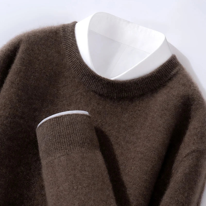 100% Cashmere Men's Pullover Business Casual Solid Knitted Sweater Loose Pull Round Neck Collar Tops Basic Versatile Jumper
