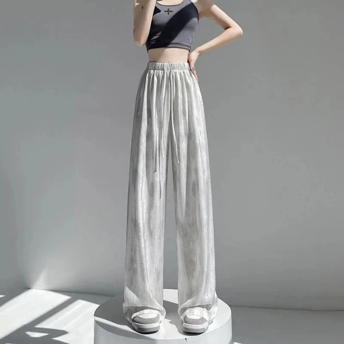 Summer Thin Ice Silk Satin Dyed Wide Leg Pants Women Loose Casual Drape High Waist Slimming Pants Ins Straight Leg Elastic Wa...