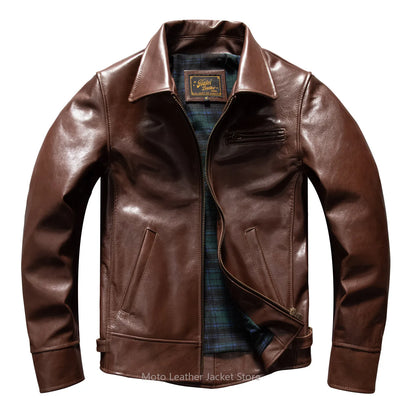 Men's Uncoated Oil Wax Thick First Layer Goatskin Leather Jacket, Short Tailcoat Genuine Leather Biker Coat for Autumn Winter