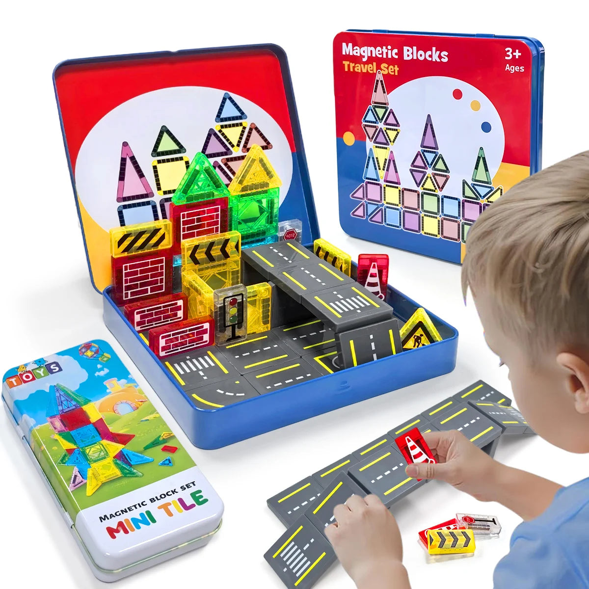 Magnetic Road Construction Set Toys For Kids Gift Magnetic Building Blocks Montessori Educational Toys 32/58PCS With Iron Box
