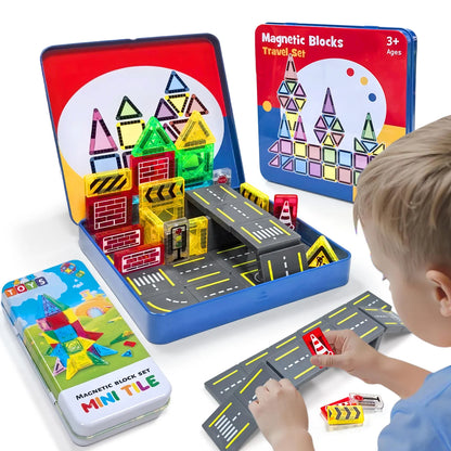 Magnetic Road Construction Set Toys For Kids Gift Magnetic Building Blocks Montessori Educational Toys 32/58PCS With Iron Box