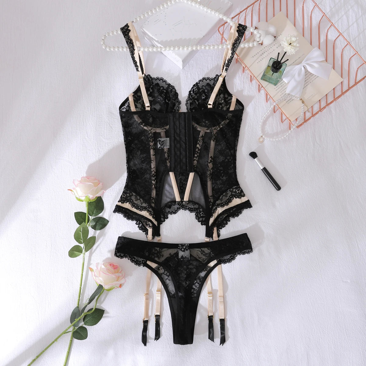 2025 Perspective Lace and Lace Fashion Contrast Shape Adjustment Sexy Underwear Two Piece Set