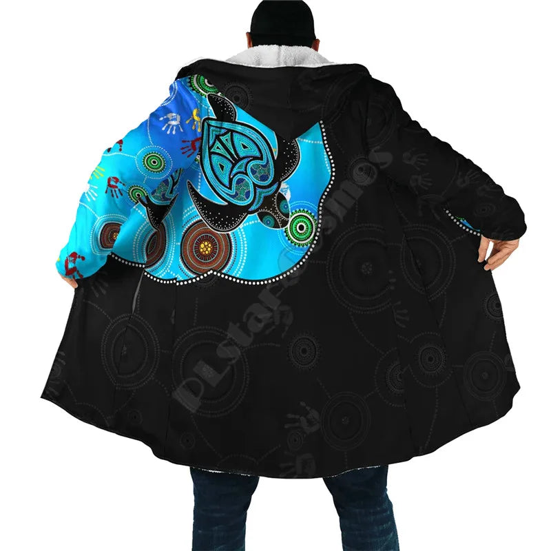 Aboriginal Art Blue Style Turtle Dreaming Paintings 3D Printed Hoodie Cloak Men Women Winter Fleece Wind Breaker Warm Cloak