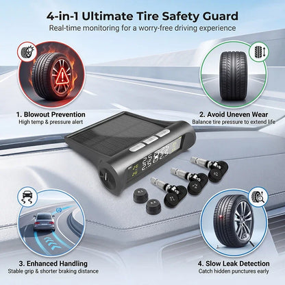 Car TPMS Digital LCD Display Smart Tyre Pressure Monitoring System 4 Sensors Auto Security Alarm Solar Charging Car Accessories