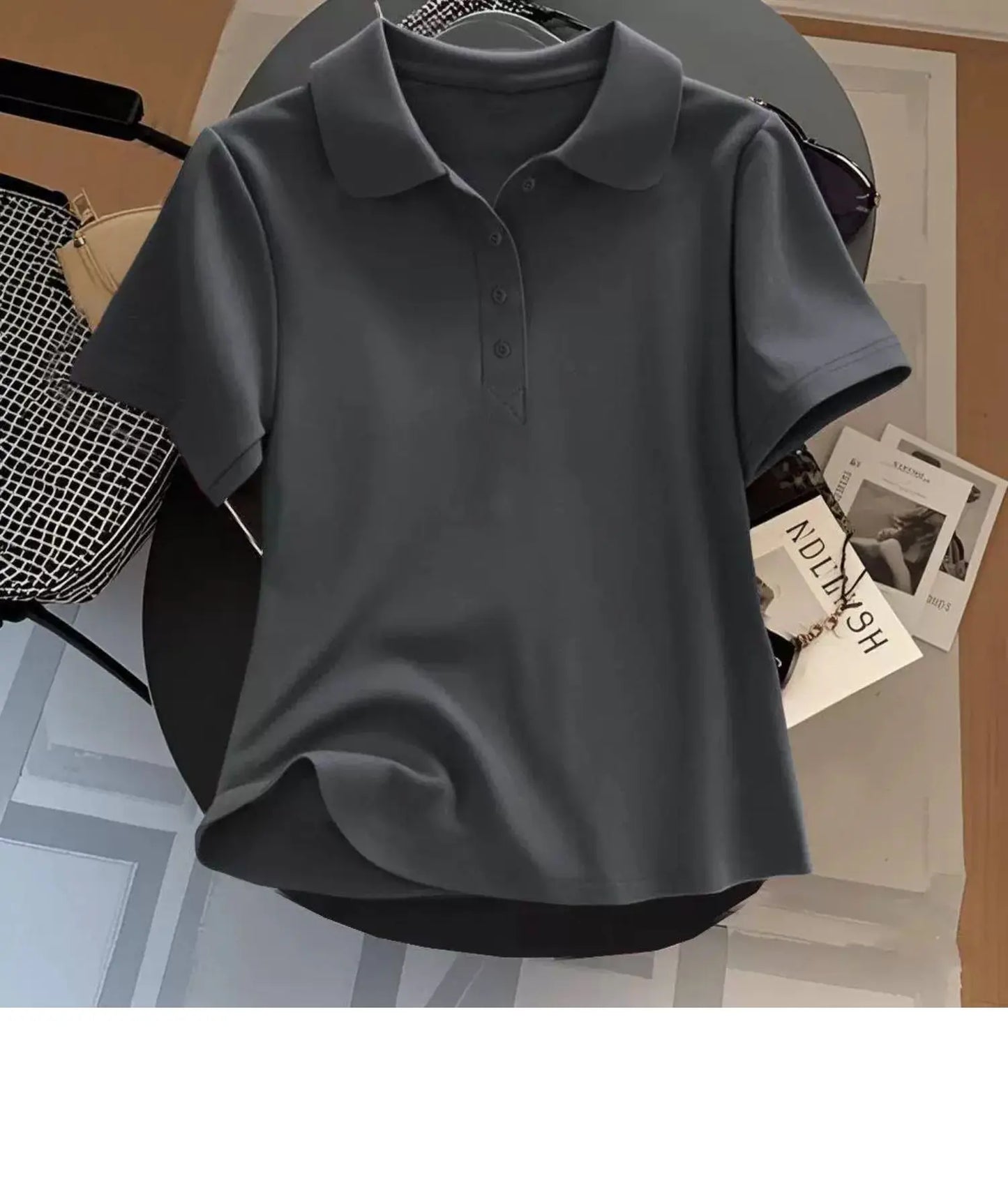 Loose Fit Women's  Neck Short Sleeve Cotton T-Shirt Casual Button up Top Korean Style Summer Fashion Ladies' Shirt