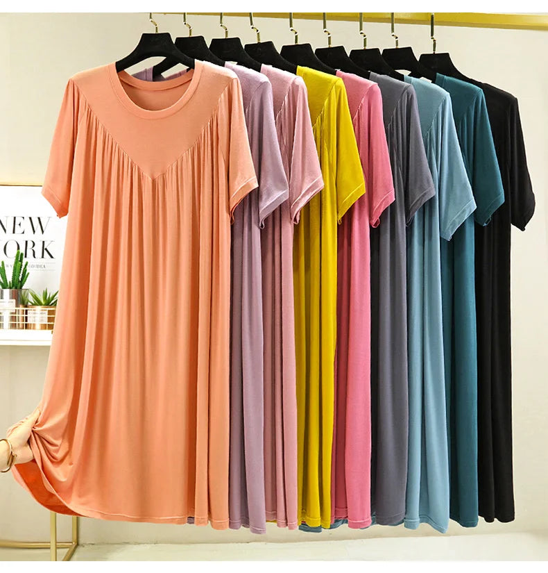 Loose plus Size Sp Dr Modal Women's Summer Thin Home Gown Skirt Sle round Ne ort Sve Long Dr Korean Sle