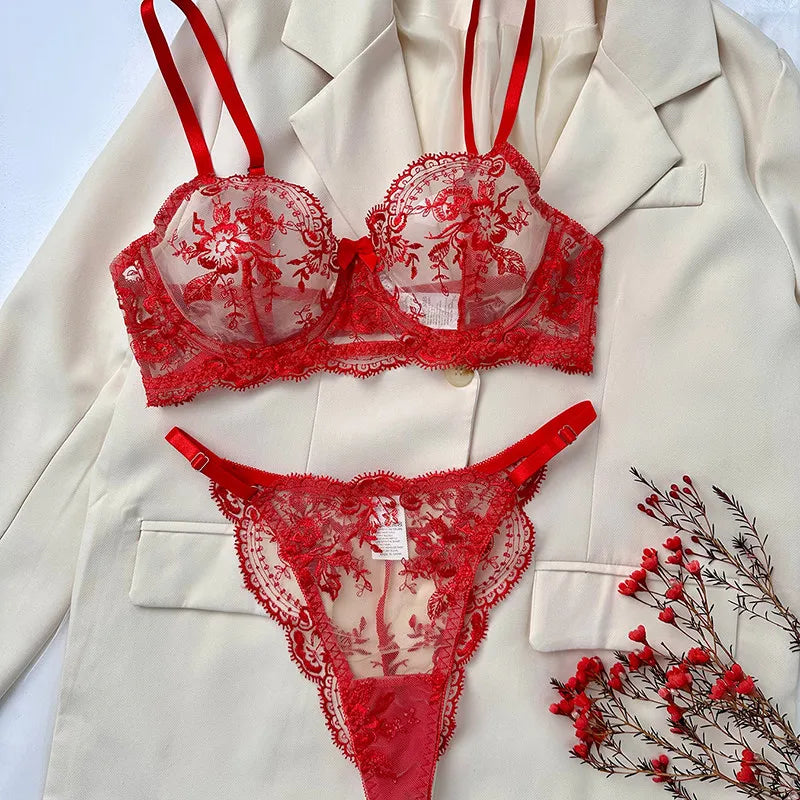 Floral Embroidery Transparent Lingerie Underwire Gather Ultra Thin Cup Sheer Bra Brief Set Pure Desire Women Intimate Nightwear