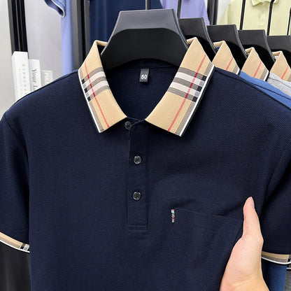 100% Pure Cotton Short Sleeved T-shirt for Men Summer Collar Middle-aged Casual Real Pocket Dad's Polo Shirt