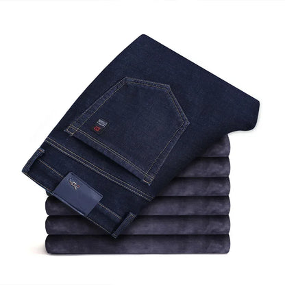 2024 Winter New Men's Fleece Warm Jeans Classic Style Business Casual Thicken Regular Fit Denim Pants Black Blue Brand Trousers