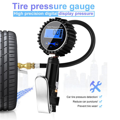 250PSI Digital Tire Pressure Inflator Gauge Aluminum Alloy Tire Pressure Gauge Air Line Clip-on Tyre for Motorcycle Bicycle Auto