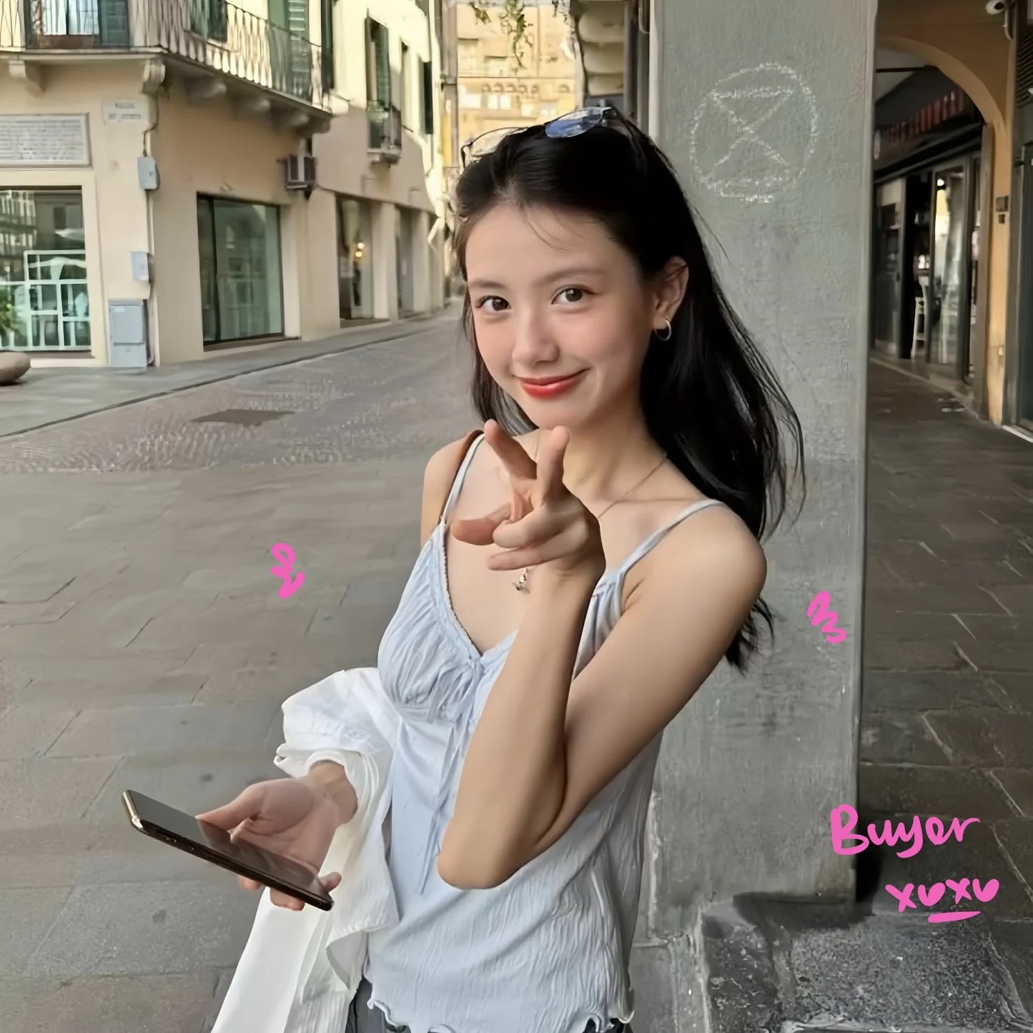 Brandy Melville Pure Cotton Three-Button Base Layer Vest Sweet Style V-Neck Sleeveless Tank Top for Women Spring Summer