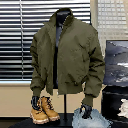 Casual American Style Men's Jacket Stand Collar Baseball Loose Fit Outerwear Windproof Zipper Closure Long Sleeve Pure Color