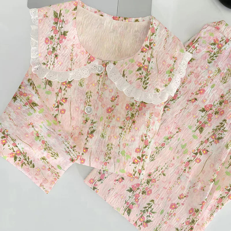 Cloud Cotton Sleepwear Set for Women Casual Spring Autumn Long Sleeve Long Pants Home Clothes  Plant Floral Print
