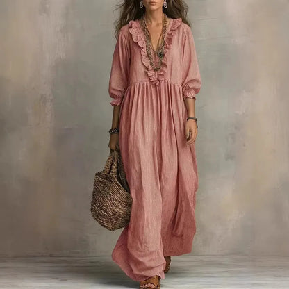 2026 New European and American Independent Website Striped Ruffled Loose High-Waisted V-Neck Fashion Casual Dress