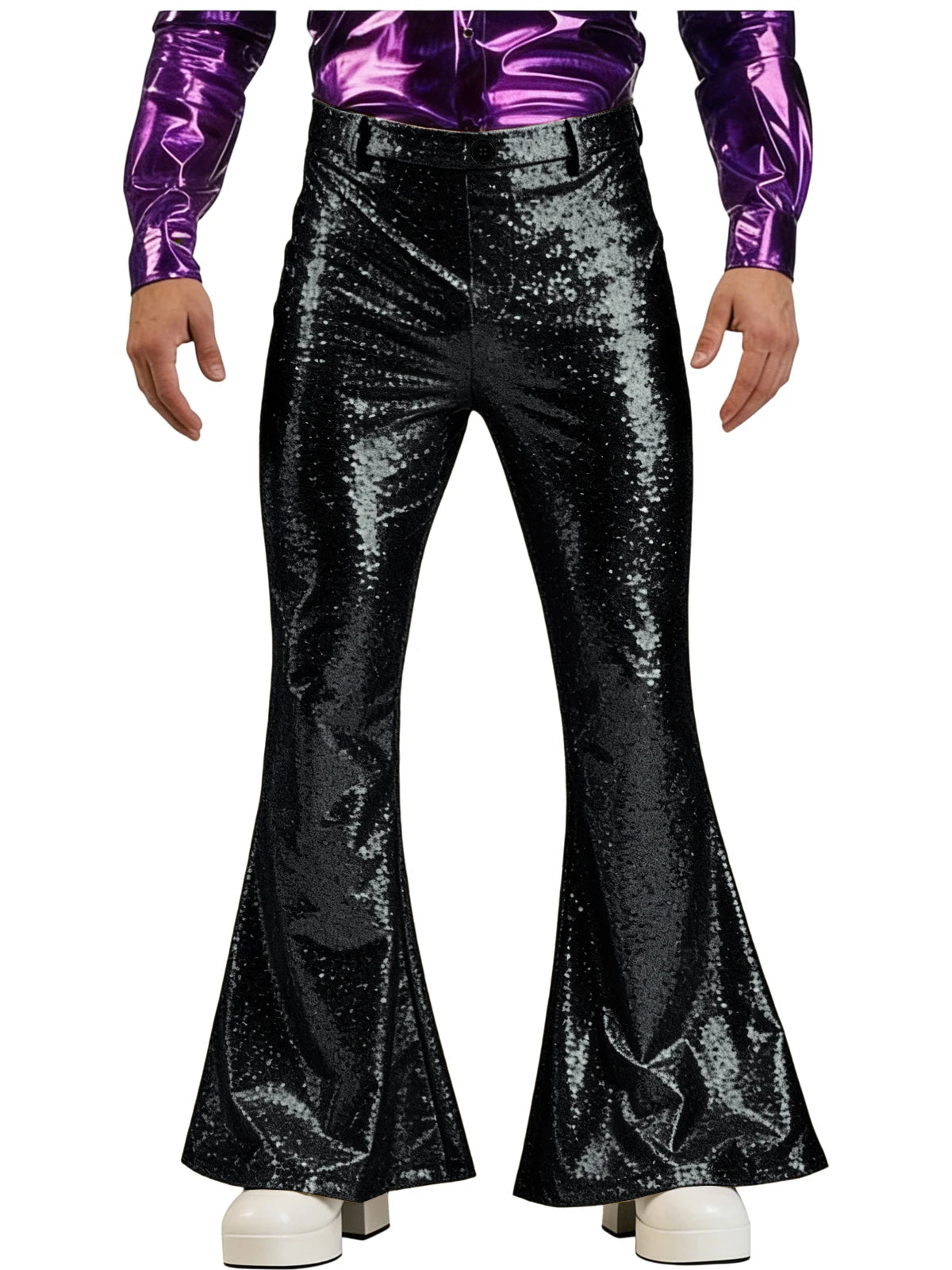 Men's Sequin Flare Pants High Waist Sparkly Bell Bottom Trousers Shiny Glitter Stretchy Breathable for Stage Performance Party