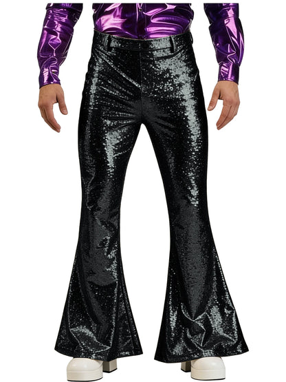 Men's Sequin Flare Pants High Waist Sparkly Bell Bottom Trousers Shiny Glitter Stretchy Breathable for Stage Performance Party