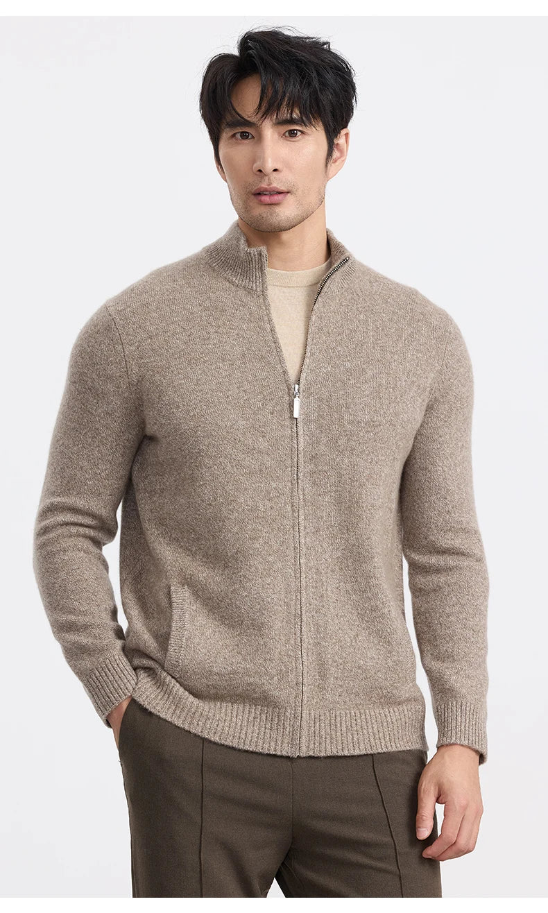 New 100% pure cashmere sweater sweater coat men's semi-high-necked zipper cardigan floral yarn padded warm coat